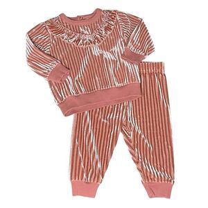 Tahari Baby Pink Velvet Velour Ribbed Ruffle Two Piece Outfit Size 6-9M